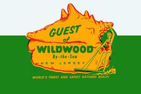 Vintage Wildwood New Jersey luggage label poster print featuring a woman surfing.
