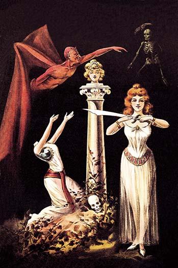 Decapitated woman with head on pillar surrounded by skeleton and devil, dark art poster print.