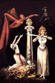 Decapitated woman with head on pillar surrounded by skeleton and devil, dark art poster print.
