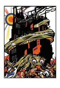 Giant worm monster being attacked by a mob in a dramatic scene poster print.