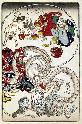 Ukiyo-e print illustration of Rokurokubi and Mikoshi-nyudo from Japanese folklore.
