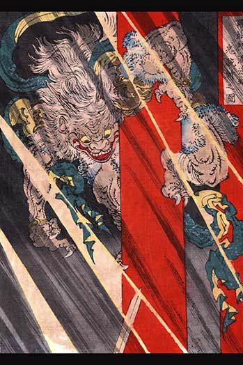 Ukiyo-e print of Watanabe no Tsuna battling Ibaraki Demon by Taiso Yoshitoshi.