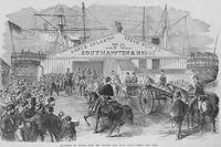 Atlantic, Baltic & Illinois Ships Load Union Troops at Canal Street Dock Poster Print by Frank Leslie