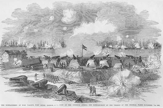 Bombardment of Fort Walker, Port Harbor, South Carolina poster print by Frank Leslie.