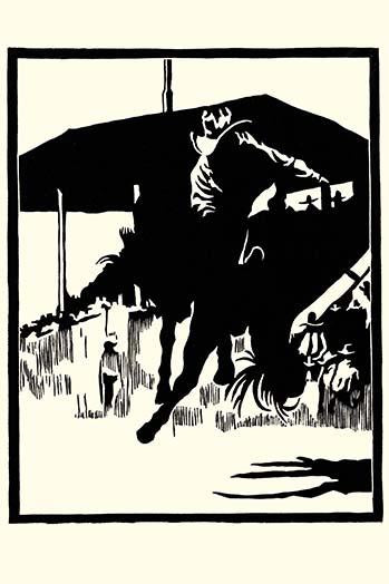 Block print of a cowboy riding in a rodeo by Frank Redlinger.