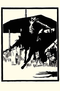Block print of a cowboy riding in a rodeo by Frank Redlinger.