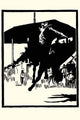 Block print of a cowboy riding in a rodeo by Frank Redlinger.