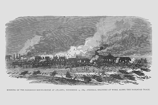 Burning the Railroad Roundhouse in Atlanta Poster Print by Frank Leslie