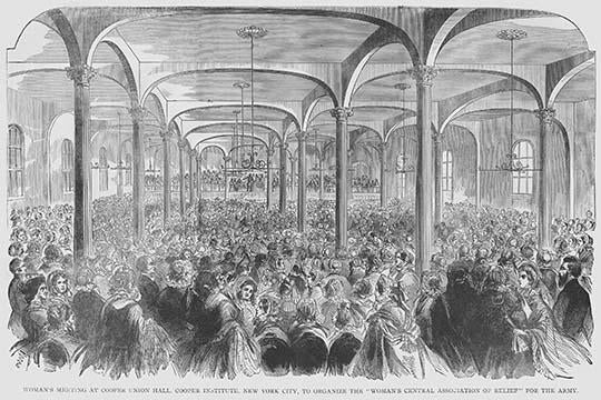 Women's Meeting at Cooper Union Hall Poster Print by Frank Leslie depicting historical gathering.