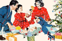 Christmas morning family celebration poster print by Jim Schaeffing, depicting a joyful scene.