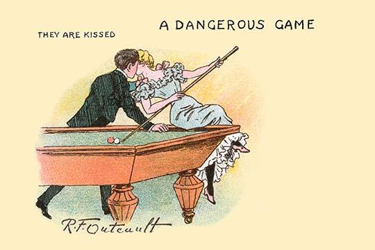 Vintage poster print of a man stealing a kiss while playing pool - Artwork by R.F. Outcault