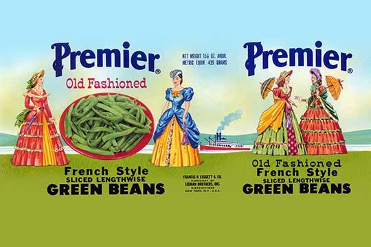 Vintage Premier Old Fashioned Green Beans Poster Print featuring a woman in 1800s dress and a steamship.