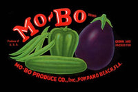 Vintage crate label poster print featuring peas, cucumbers, eggplants, and bell peppers from Pompano Beach, Florida.