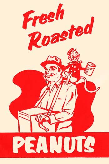 Whimsical poster print of a man playing a hurdy-gurdy with a monkey collecting coins.