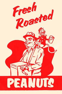 Whimsical poster print of a man playing a hurdy-gurdy with a monkey collecting coins.