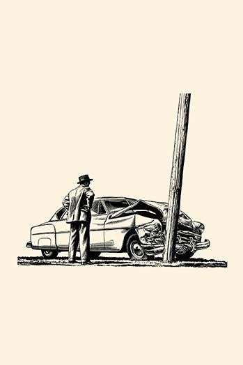 Poster print of a man looking at his car crashed against a telephone pole.