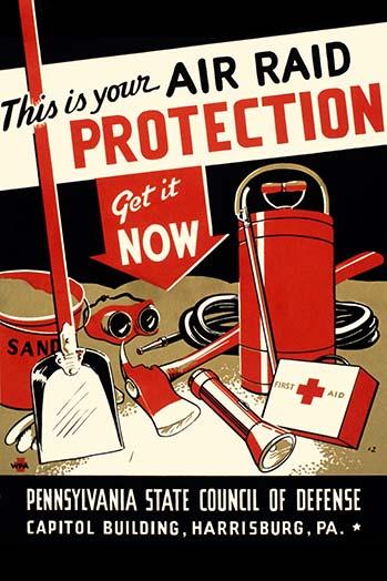 Air Raid Protection Preparedness Poster Print by Johnson Zebedee featuring safety equipment.