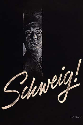 Overheard Dangers Propaganda Poster Print featuring an alarmed man's face surrounded by darkness.
