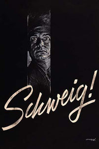 Overheard Dangers Propaganda Poster Print featuring an alarmed man's face surrounded by darkness.