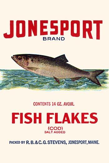 Vintage cod fish flakes can label poster print from Jonesport, Maine.