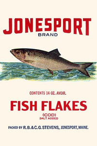 Vintage cod fish flakes can label poster print from Jonesport, Maine.