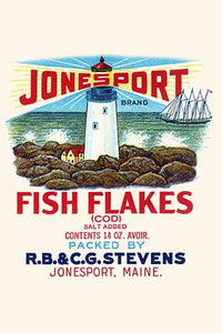 Vintage Cod Fish Flakes Label Poster Print showcasing a can label from Jonesport, Maine.