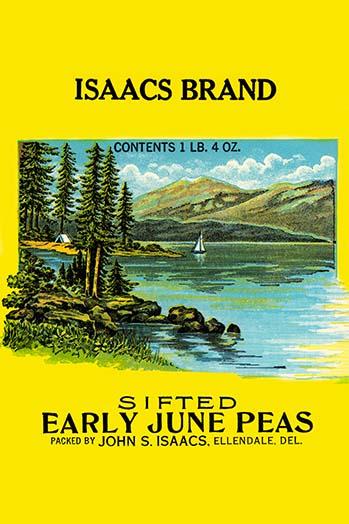 Original can label for sifted June peas vintage poster print.