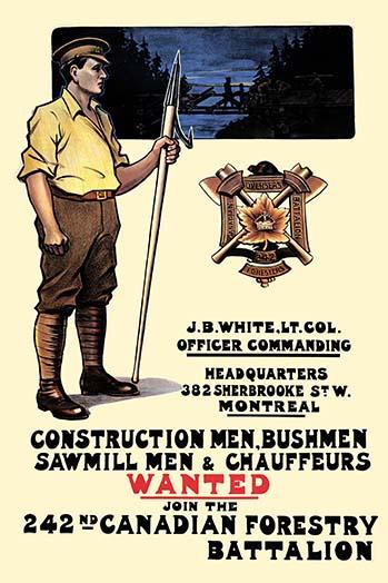 Construction Men Recruitment Poster Print featuring a forester and men building a log bridge