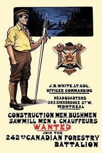 Construction Men Recruitment Poster Print featuring a forester and men building a log bridge