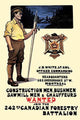 Construction Men Recruitment Poster Print featuring a forester and men building a log bridge