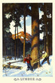 Lumber poster print featuring two men cutting down a tree in snowy mountains.