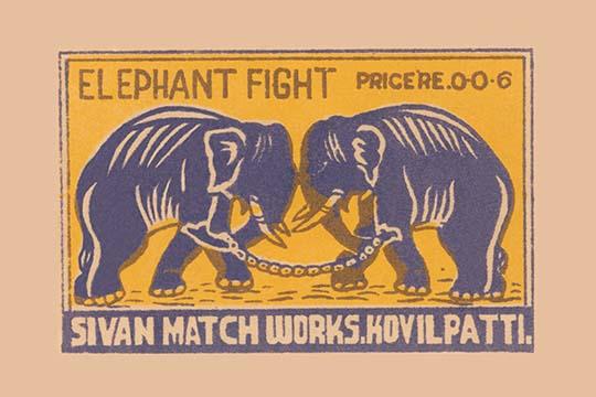 Two Chained Elephants Fight vintage matchbox poster print