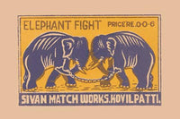 Two Chained Elephants Fight vintage matchbox poster print