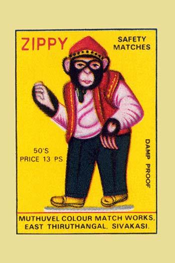 Zippy the Monkey Vintage Matchbox Poster Print featuring a dressed monkey.
