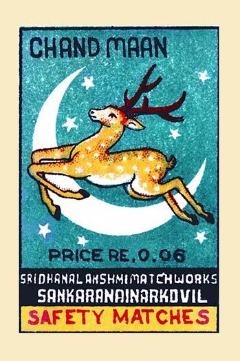 Deer jumping over a crescent moon poster print