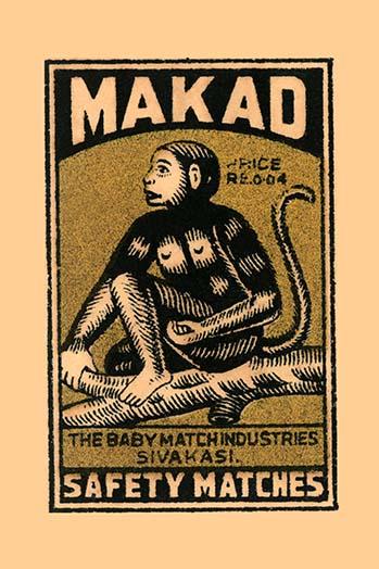 Vintage matchbox label featuring a monkey on a branch poster print.