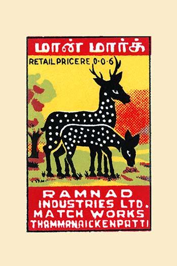 Deer Pair Vintage Matchbox Artwork Poster Print showing a pair of deer with vintage styling.