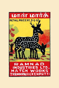 Deer Pair Vintage Matchbox Artwork Poster Print showing a pair of deer with vintage styling.