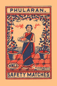 Vintage matchbox cover poster print featuring a woman gathering fruit.