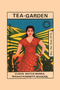 Vintage matchbox cover art featuring a woman picking tea leaves in the fields.