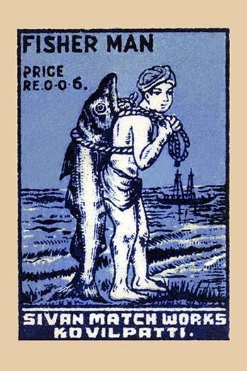 Fisherman with Large Fish Matchbox Cover Poster Print