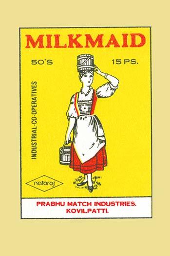 Charming Milkmaid Poster Print featuring a vintage matchbox label illustration.