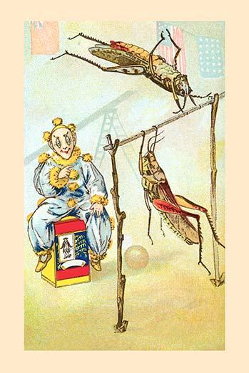 Two Grasshoppers Circus Performance Poster Print featuring acrobatic grasshoppers.