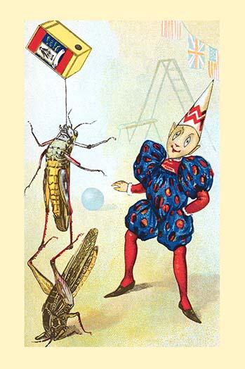 Two grasshoppers balancing with a box in a circus performance poster print.