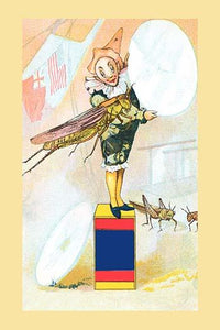 Grasshopper jumps through a hoop held by a clown in a circus performance poster print.