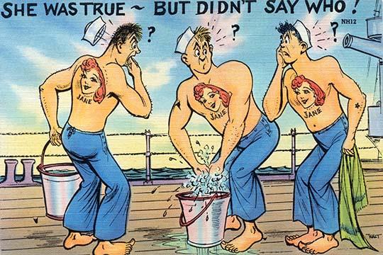 Three American sailors tattoo poster print depicting a woman named Jane.