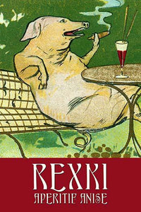 Vintage postcard print of a pig drinking and smoking on an anise drink ad.