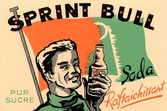 Vintage French soda label poster print depicting a runner holding a bottled drink.