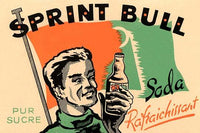 Vintage French soda label poster print depicting a runner holding a bottled drink.