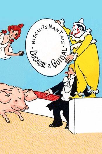 BN Biscuit advertising poster print featuring clown, ringmaster, and pig.